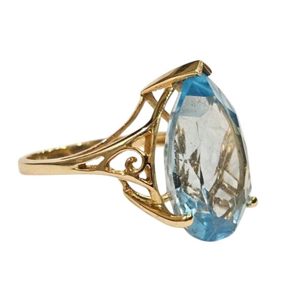💎 Vintage 10K Gold Blue Topaz Cocktail Ring - Large Pear Cut 10 Carat Size 7 - Picture 4 of 8